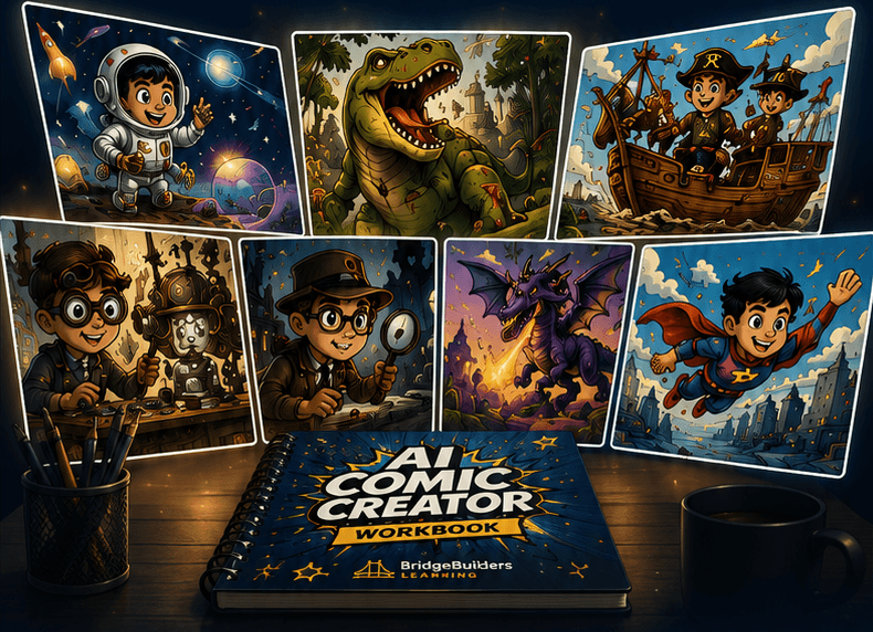 AI Comic Creator workbook on a desk with comic adventure panels children can create with AI